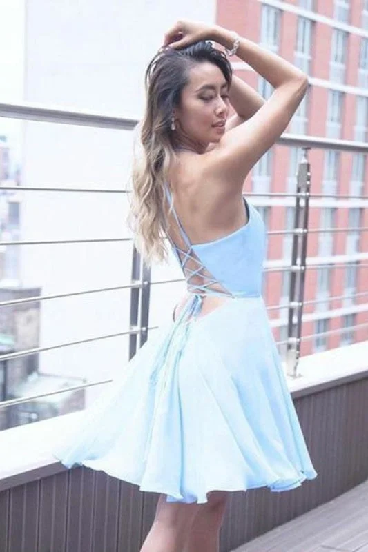 mermaid evening dress-A-Line Halter Criss-Cross Straps Chiffon Homecoming with Pleats Short Blue Dress