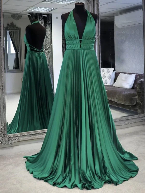 evening dress with cape-A Line Halter Neck Backless Green Long Prom, Backless Green Formal, Green Evening