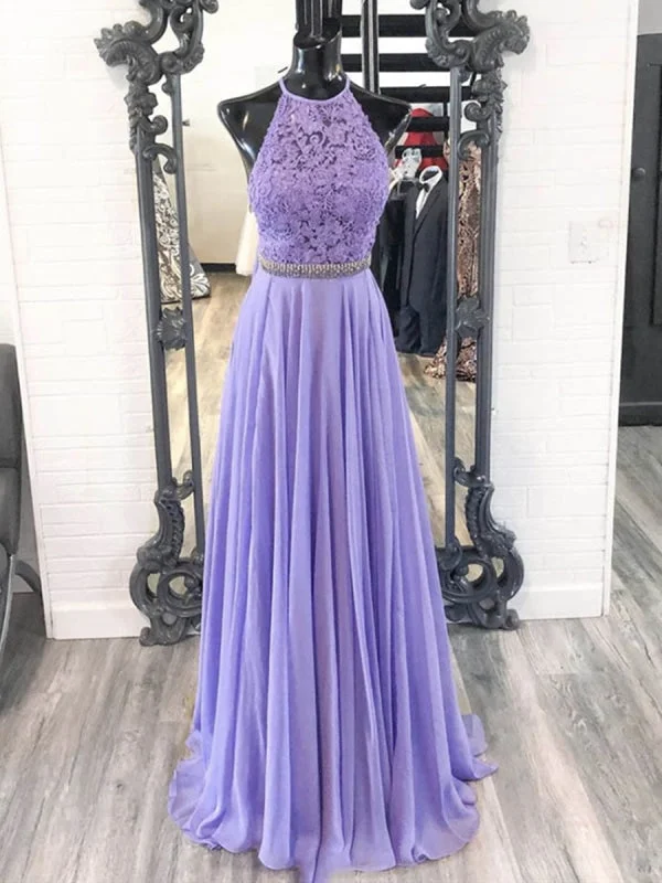 evening gown with beads-A Line Halter Neck Purple Lace Prom with Belt, Lilac Lace Formal, Purple Evening