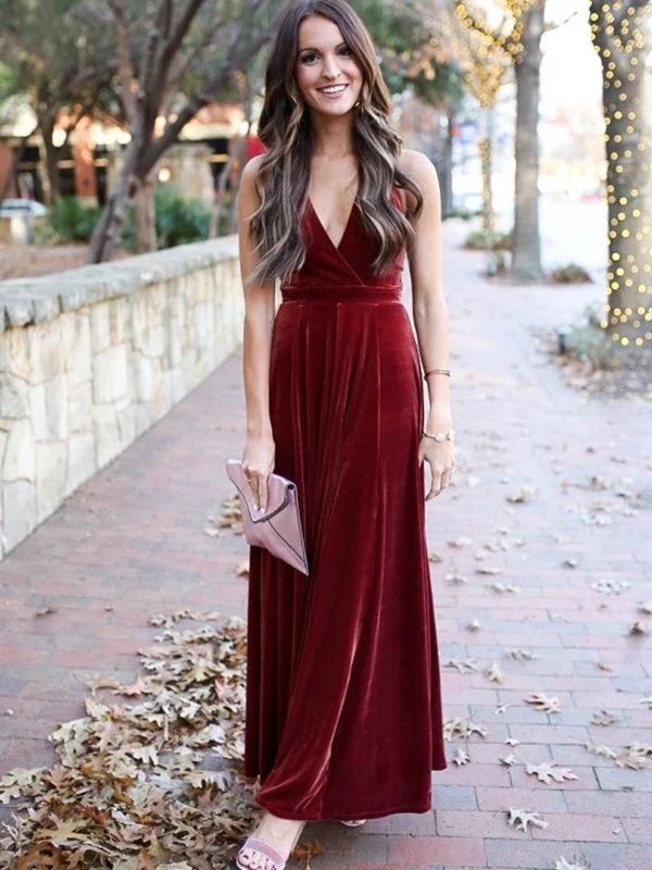 formal evening dress-A Line Halter V Neck Backless Ankle Length Burgundy Prom, Backless Wine Red Velet Formal, Maroon Evening