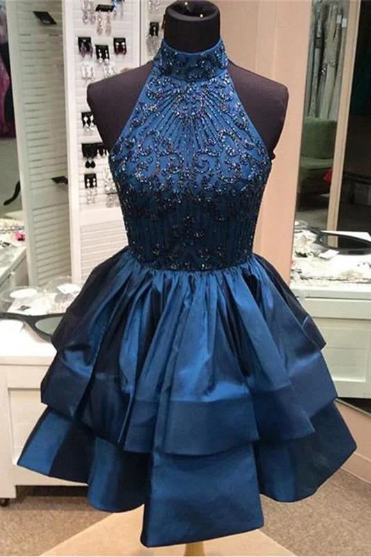 satin evening dress-A-line High Neck Beaded Dark Blue Backless Homecoming Dress Short Prom Dresses