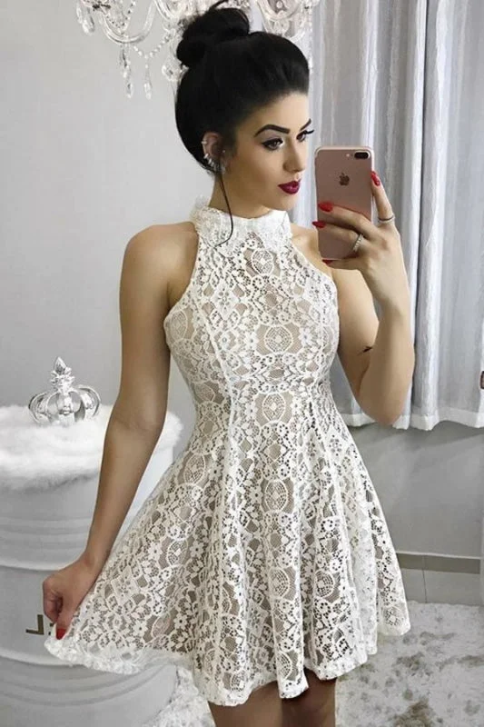 sheer back evening dress-A Line High Neck Lace Homecoming Ivory Sleeveless Ruched Short Sweet 16 Dress