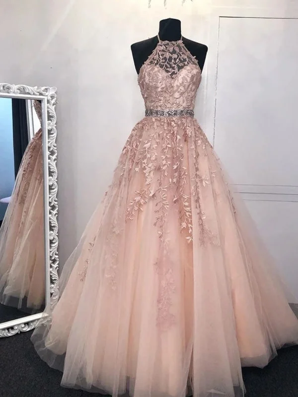 sequined formal evening dress-A Line High Neck Pink Lace Long Prom, Pink Lace Formal Graduation Evening