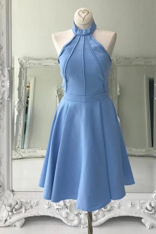 evening dress with cape-A Line High Neck Sleeveless Knee Length Homecoming Dress Blue Prom Gown