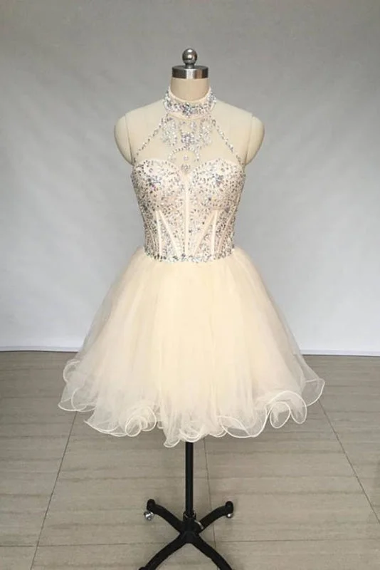 elegant long sleeve evening dress-A Line High Neck Tulle Beading Mini Homecoming Short Prom Dress with Beads