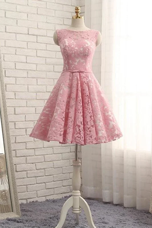 high neck formal evening gown-A Line Lace Homecoming with Belt Pink Short Ruched Prom Dress