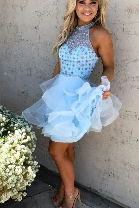 evening dress with sequins-A-Line Light Blue Jewel Sleeveless Beading Mini Tulle Homecoming Party Dresses