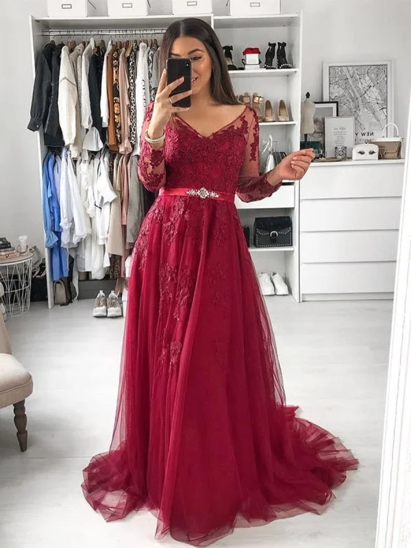 illusion back evening gown-A Line Long Sleeves Lace Burgundy Long Prom, Long Sleeves Burgundy Lace Formal, Burgundy Lace Evening