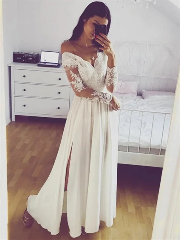 evening dress for prom-A Line Long Sleeves Lace White Prom with Split, Long Sleeves White Lace Formal Graduation Evening