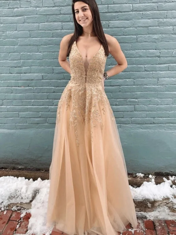 evening gown with high-low hem-A Line Neck Champagne Lace Long Prom, Champagne Lace Formal, Champagne Evening