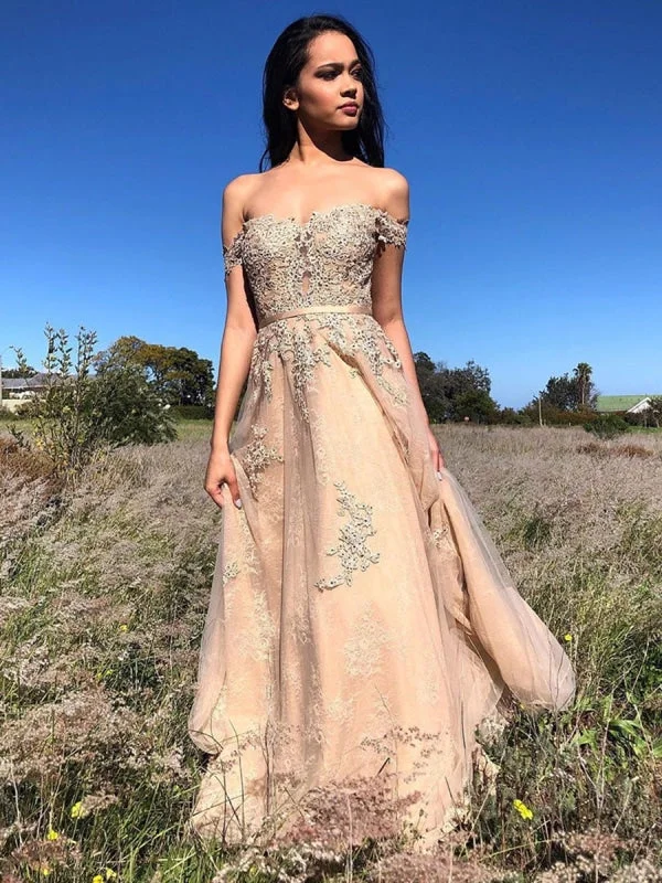 vintage-inspired evening gown-A Line Off Shoulder Lace Appliques Champagne Long Prom, Off Shoulder Lace Champagne Formal, Champagne Lace Evening