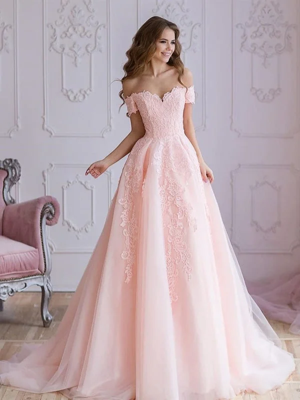 elegant evening dress with train-A Line Off Shoulder Pink Lace Prom, Pink Lace Wedding, Pink Evening