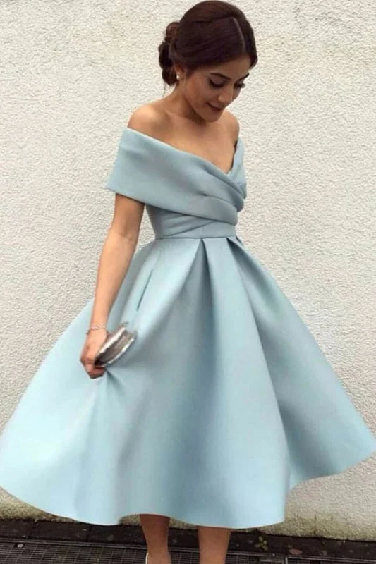 ruched evening gown-A-Line Off-the-Shoulder Tea-Length Sleeveless Homecoming Light Blue Satin Prom Dress