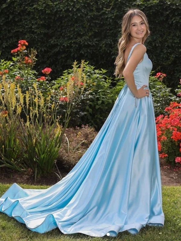 evening dress with side slit-A Line Open Back Blue Satin Long Prom, Long Blue Formal Evening