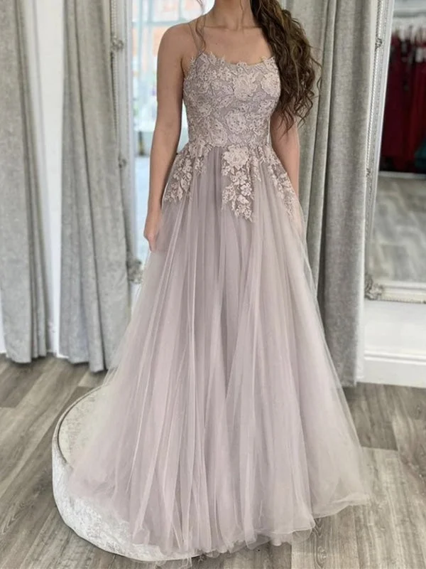 vintage-inspired evening gown-A Line Open Back Thin Strap Gray Lace Long Prom, Gray Lace Floral Formal Evening