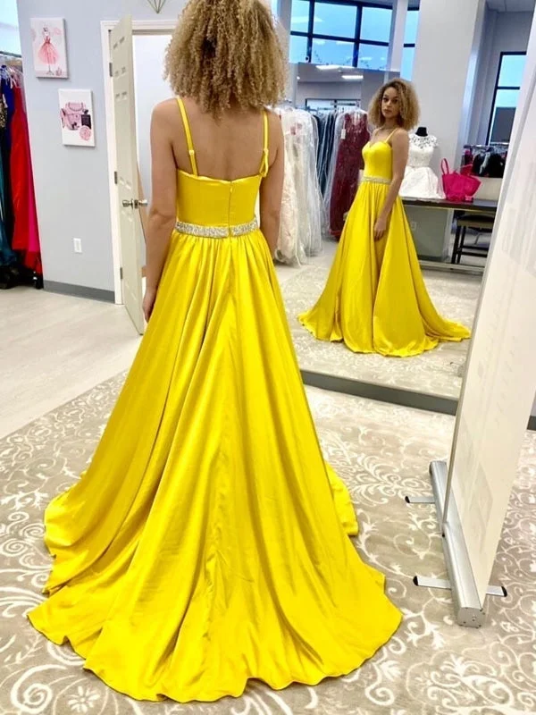 evening dress with sleeves and lace-A Line Open Back Yellow Long Prom with Belt, High Slit Yellow Formal, Yellow Evening