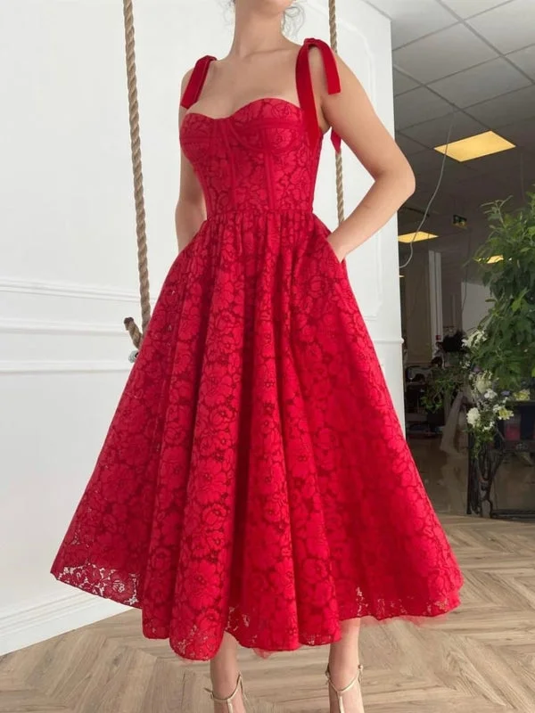 evening gown with appliqu茅s-A Line Red Lace Tea Length Prom with Pocket, Red Lace Formal Evening