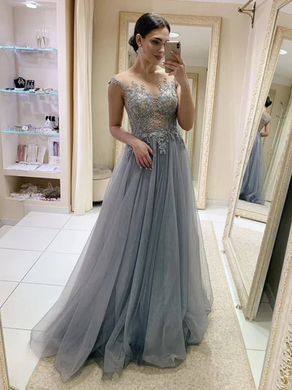 formal evening gown-A Line Round Neck Cap Sleeves Gray Lace Prom, Gray Lace Formal, Gray Evening