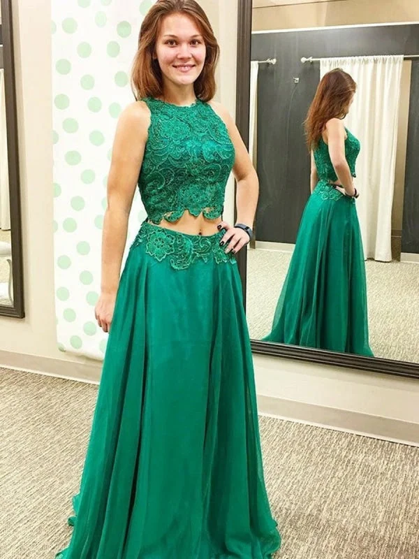 cap sleeve evening gown-A Line Round Neck Lace Top Green Long Prom, Green Lace Formal, Green Evening