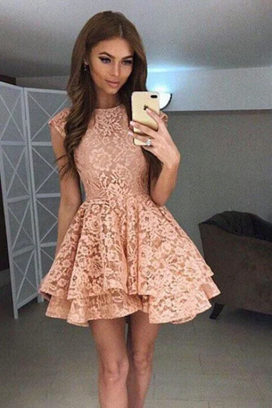 vintage-inspired evening gown-A-Line Round Neck Mini Prom Cute Lace Short Homecoming Dress