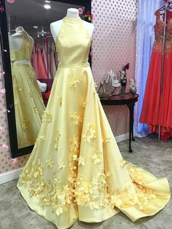 mermaid evening dress-A Line Round Neck Yellow Floral Long Prom, 3D Flowers Yellow Formal Evening