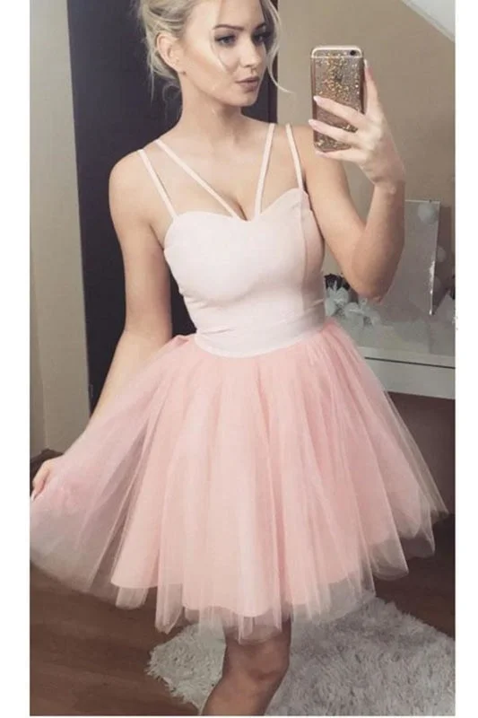 evening dress with bow detail-A Line Sexy Straps Pink Homecoming Cute Short Tulle Prom Dress