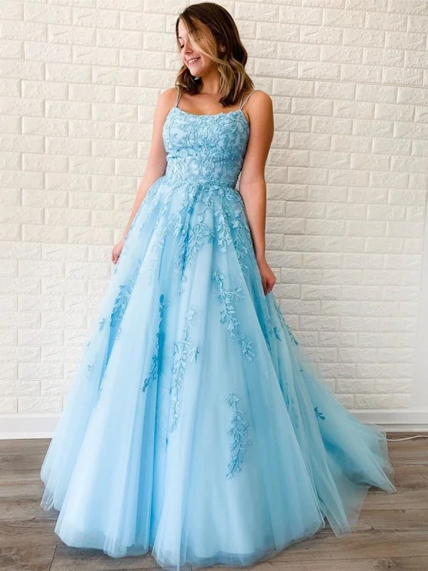 evening dress with cape-A Line Sky Blue Lace Backless Long Prom, Backless Sky Blue Lace Formal, Sky Blue Evening