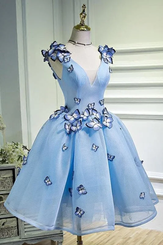 evening dress with sequins-A Line Sky Blue V Neck Sleeveless Junior Homecoming Dress with Butterfly Flowers