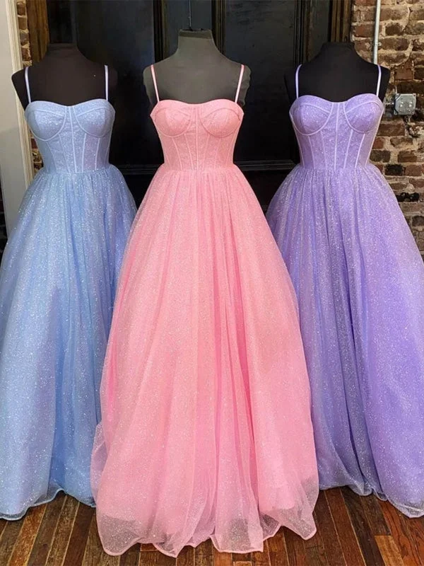 evening dress with fringe-A Line Spaghetti Straps Blue/Pink/Lilac Tulle Long Prom Dresses, Shiny Blue/Pink/Lilac Formal Evening Dresses