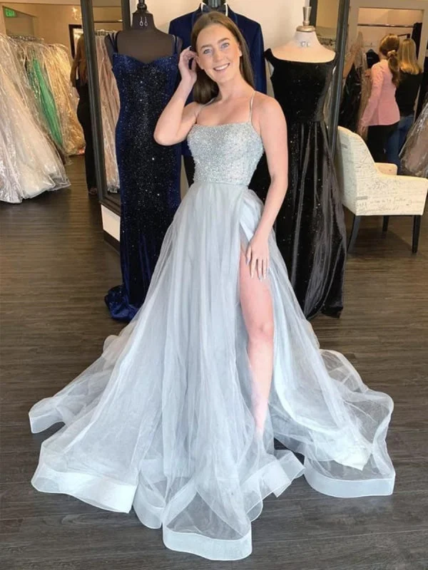 evening gown with floral lace-A Line Spaghetti Straps Grey Beaded Long Prom Dresses with High Split, Grey Formal Graduation Evening Dresses with