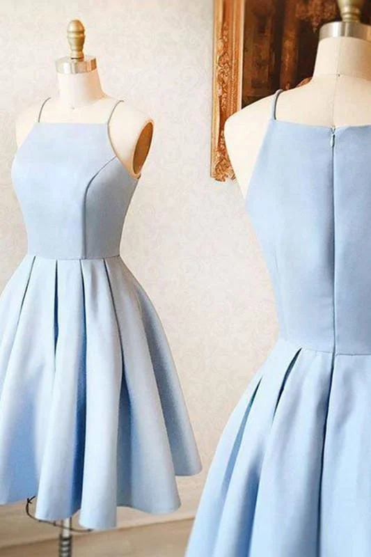 formal evening dress-A-Line Spaghetti Straps Homecoming Sleeveless Light Blue Satin Short Prom Dress