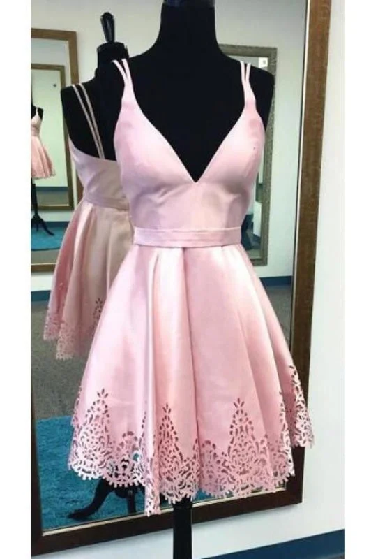 evening dress for black-tie events-A-line Spaghetti Straps Pink Satin Homecoming Sweet 16 Short V neck Prom Dress