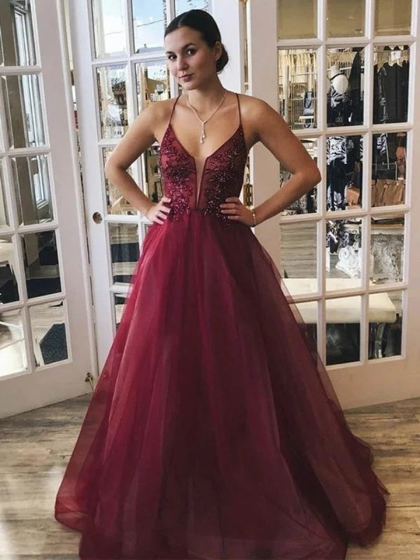 flared evening dress-A Line Spaghetti Straps V Neck Beaded Burgundy Long Prom, V Neck Burgundy Formal Graduation Evening