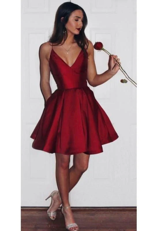 off-the-shoulder evening gown-A-Line Spaghetti Straps V-Neck Burgundy Homecoming V-neck Short Prom Dress