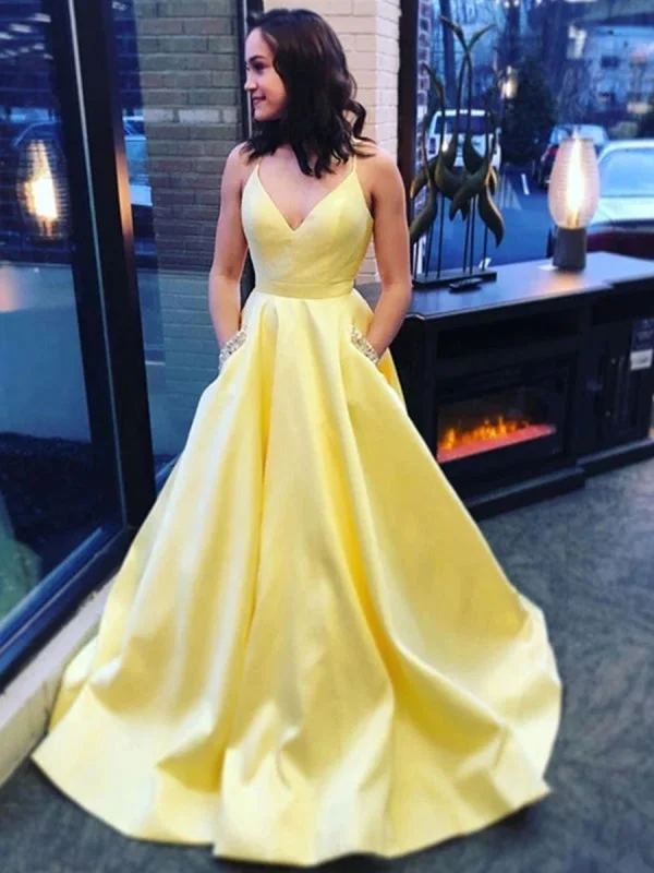 elegant ball gown evening dress-A Line Spaghetti Straps Yellow V Neck Satin Long Prom with Pockets, V Neck Yellow Formal Graduation Evening