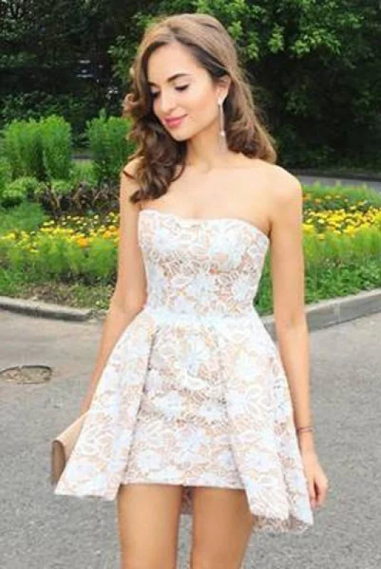 floral print evening gown-A-line Strapless Mini Lace Homecoming Short Grad Dress Sexy Junior Dresses