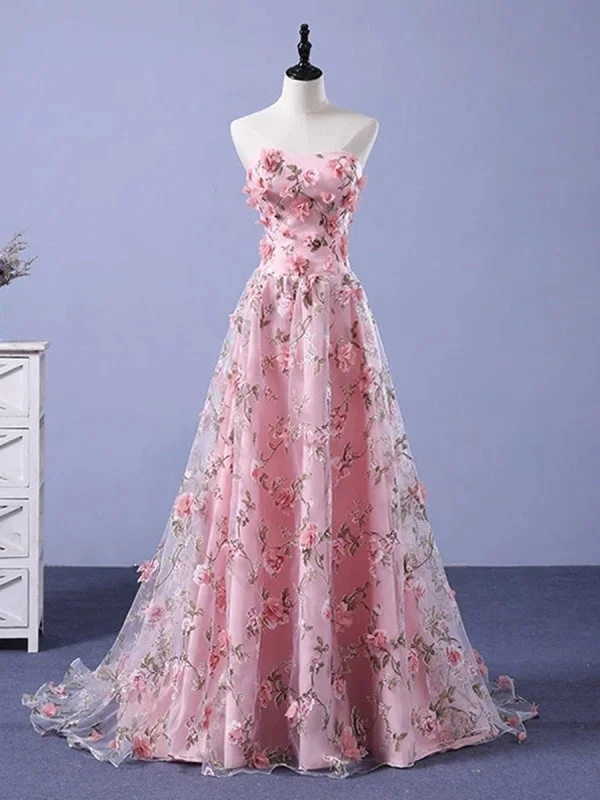 elegant ball gown evening dress-A Line Strapless Open Back 3D Pink Lace Prom Dresses, Pink Formal Graduation Evening Dresses with 3D