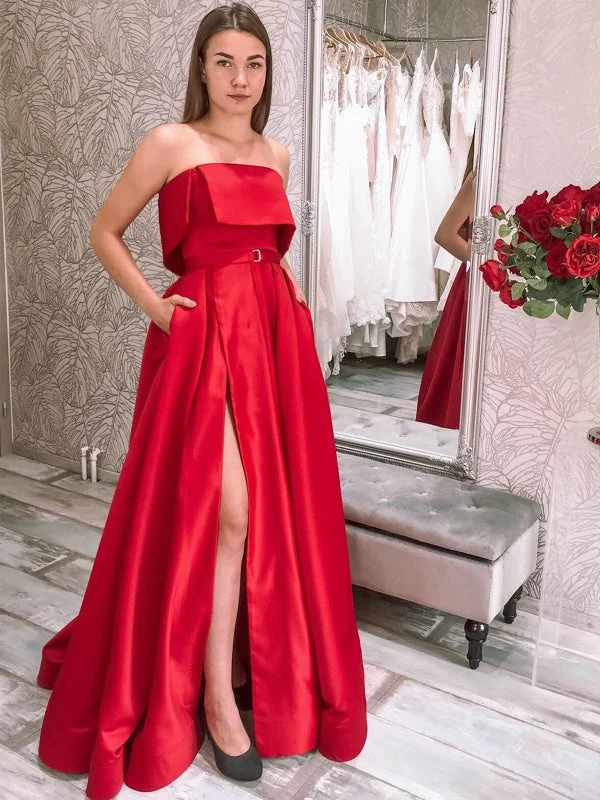 chiffon evening dress-A Line Strapless Red Satin Long Prom Dresses with Pocket, High Slit Red Formal Graduation Evening Dresses