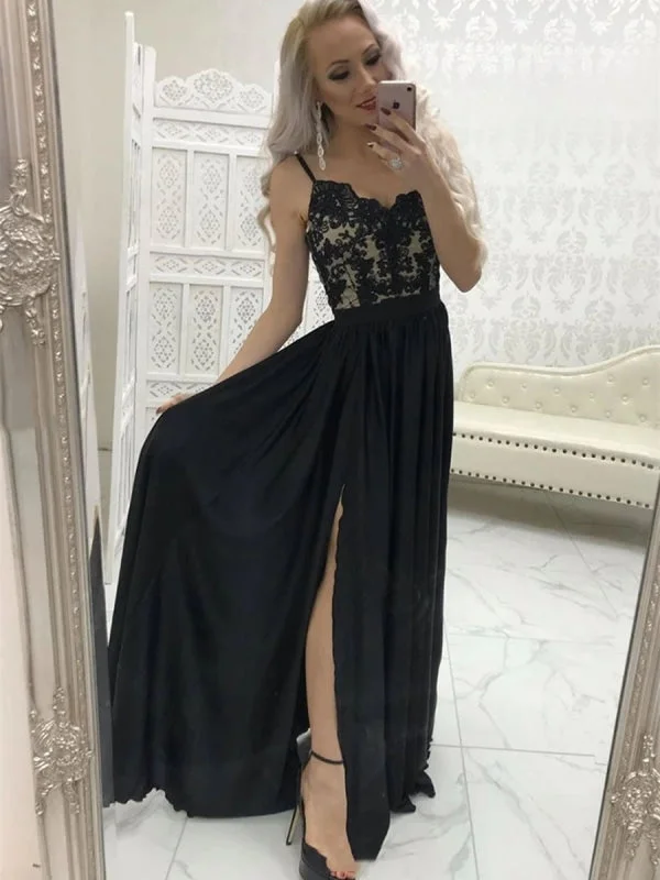 elegant evening attire-A Line Sweetheart Neck Lace Long Black Prom with Split, Black Lace Formal Graduation Evening, Black Party