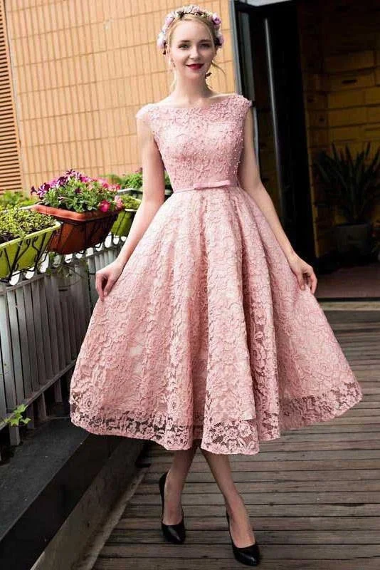 evening dress with cape-A-line Tea-length Pink Lace Homecoming Cute Graduation Dresses Short Prom Dress