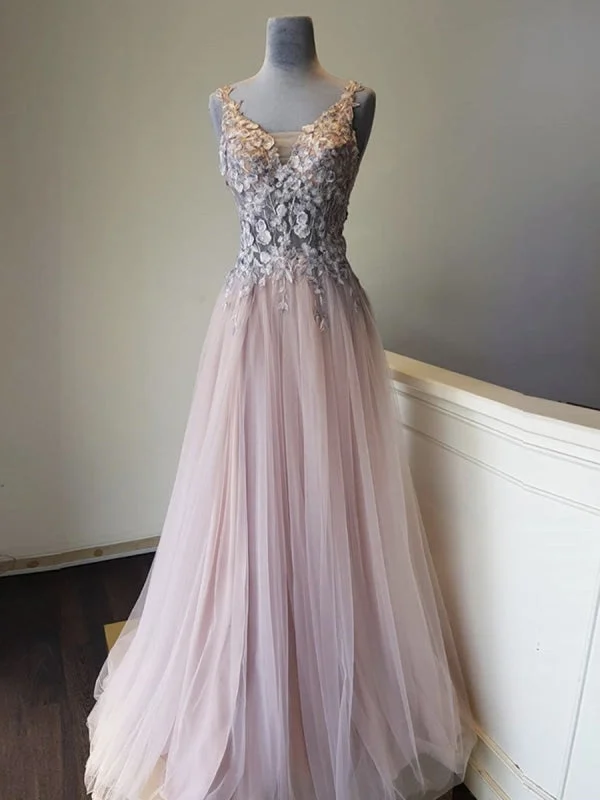 evening gown with crystal embellishments-A Line V Neck Appliques Long Pink Lace Prom, Pink Lace Formal Graduation Evening