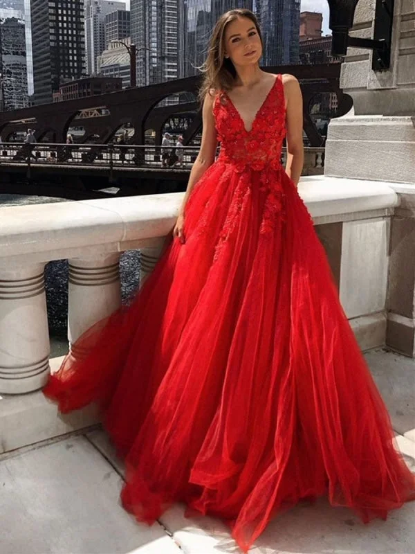 formal red evening dress-A Line V Neck Appliques Red Lace Long Prom 2020, Red Lace Appliques Formal, Red Lace Evening