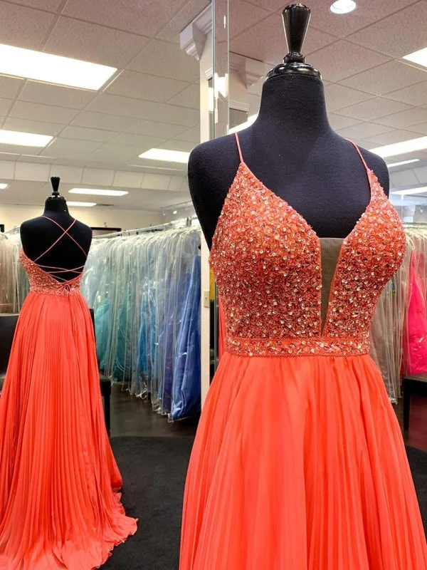 sheer back evening dress-A Line V Neck Backless Beaded Orange Chiffon Long Prom, Orange Formal Evening