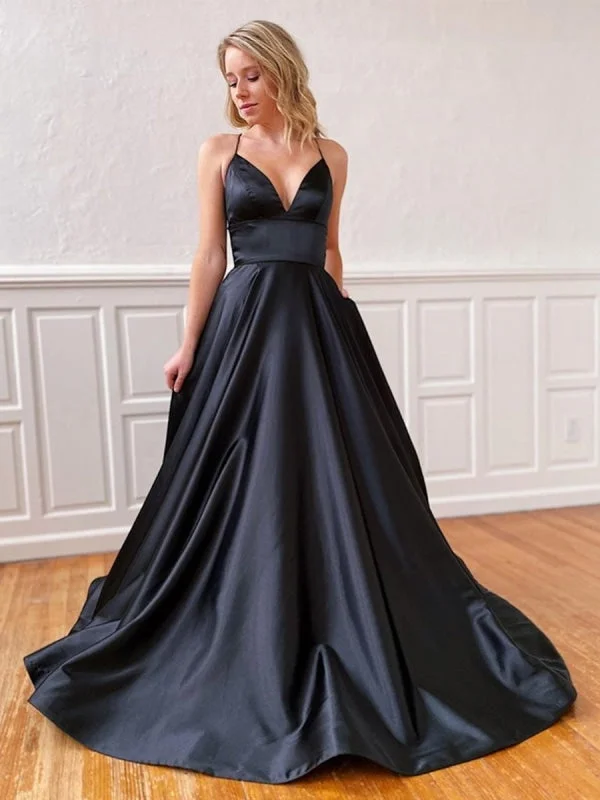 jewel neckline evening dress-A Line V Neck Backless Black Long Prom, Backless Black Formal, Black Evening, Party