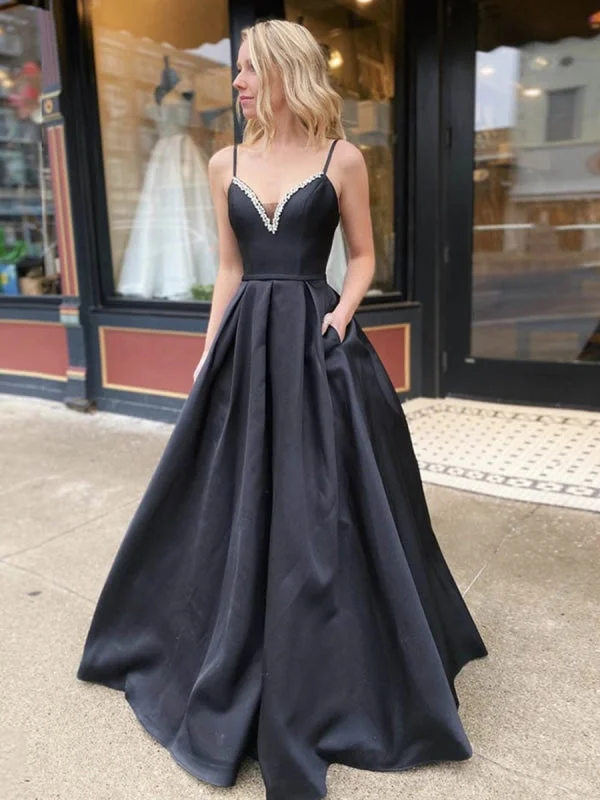 elegant evening dress with sleeves-A Line V Neck Backless Black Long Prom with Beadings, Backless Black Formal, Black Evening