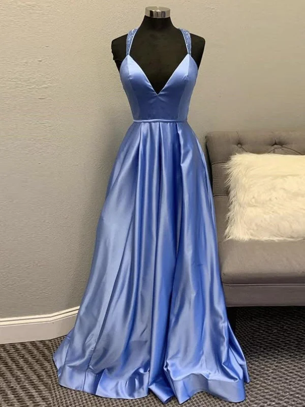 vintage lace evening dress-A Line V Neck Backless Blue Long Prom, Open Back Blue Formal Graduation Evening