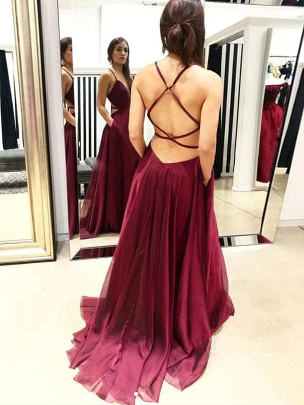 evening dress with mesh overlay-A Line V Neck Backless Burgundy Chiffon Long Prom with Pocket, Backless Burgundy Formal Graduation Evening