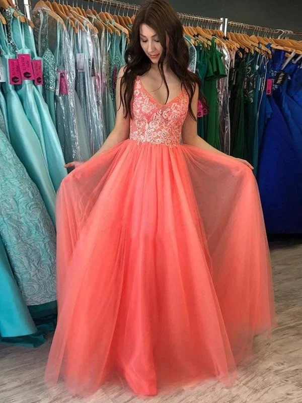 backless evening dress-A Line V Neck Backless Coral Lace Long Prom, Backless Coral Lace Formal, Coral Lace Evening