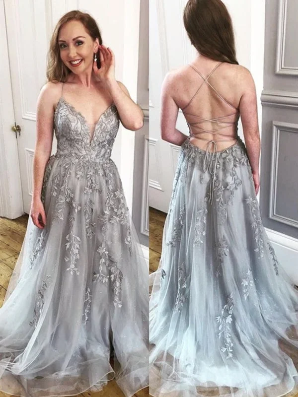 elegant velvet evening dress-A Line V Neck Backless Gray Lace Long Prom, Grey Lace Formal Evening