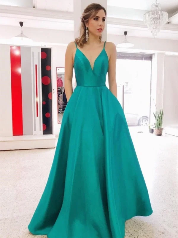 cap sleeve evening gown-A Line V Neck Backless Green Long Prom with Pocket, Backless Green Formal Graduation Evening